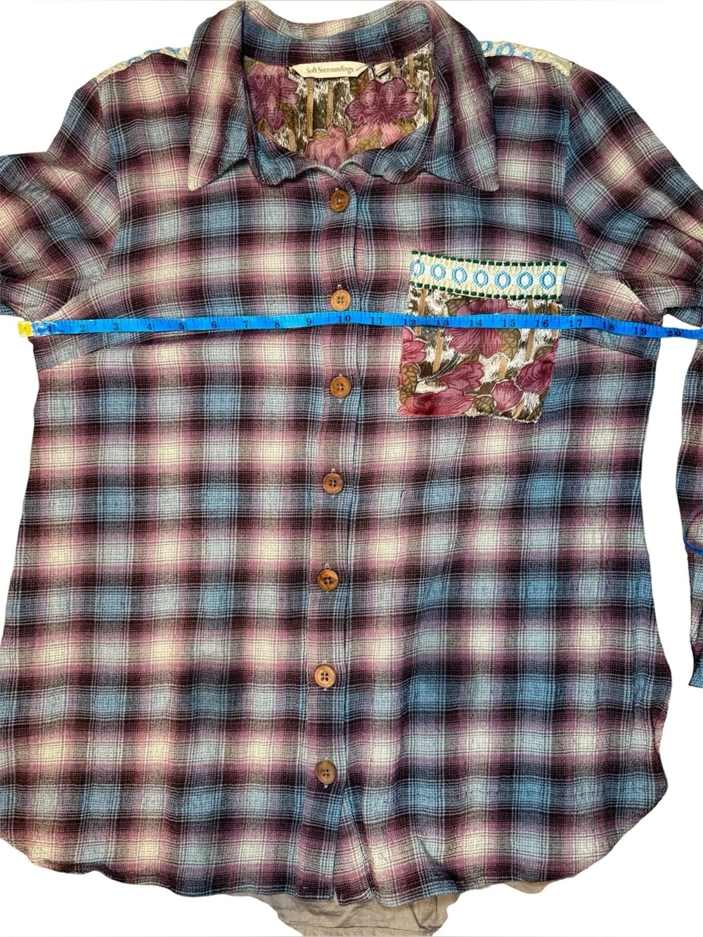 Soft Surroundings Velvet Burnout Floral Plaid Shirt Small
